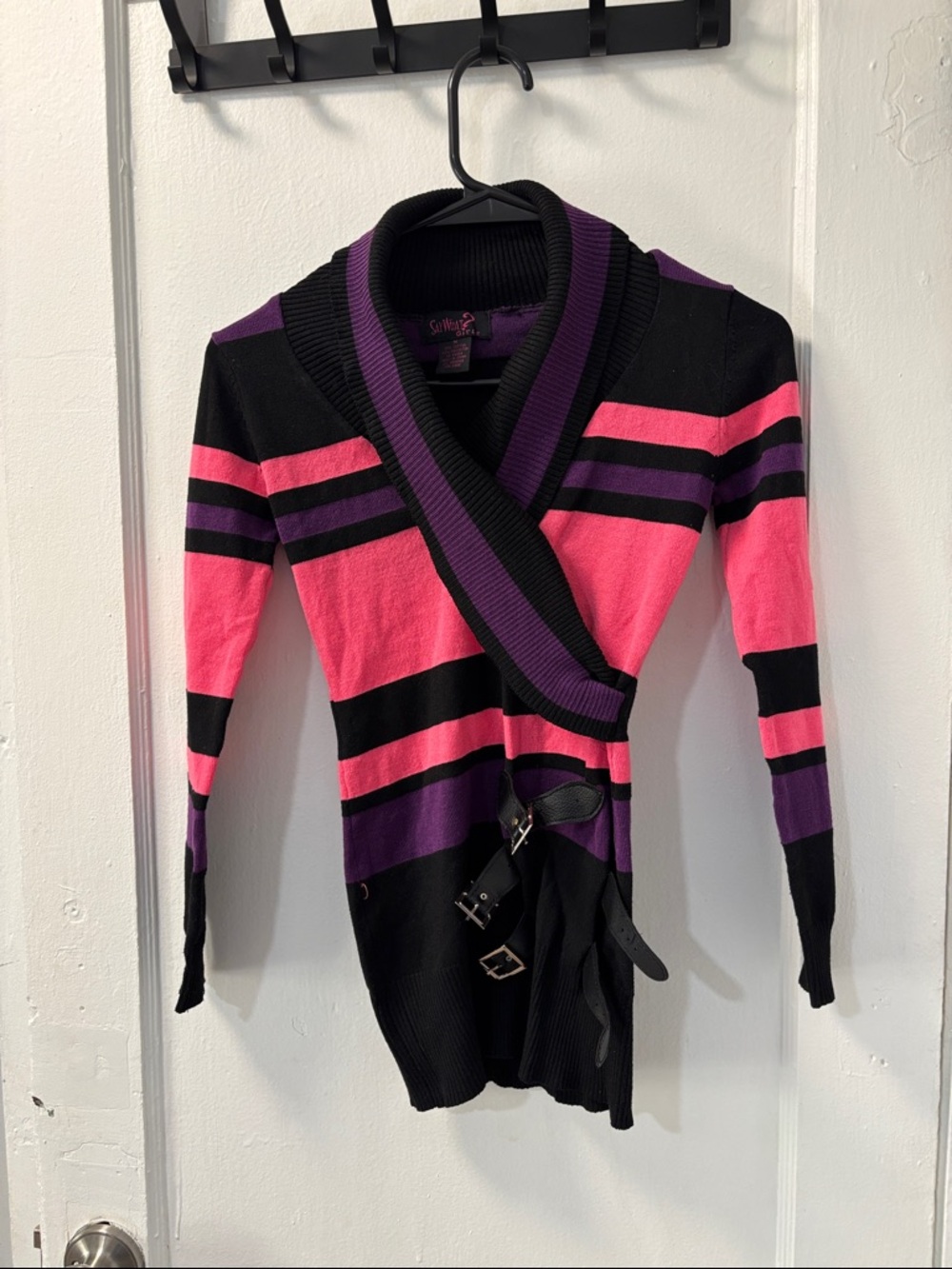 Say What? Striped Shawl-Collar Wrap Cardigan in Pink, Purple and Black medium